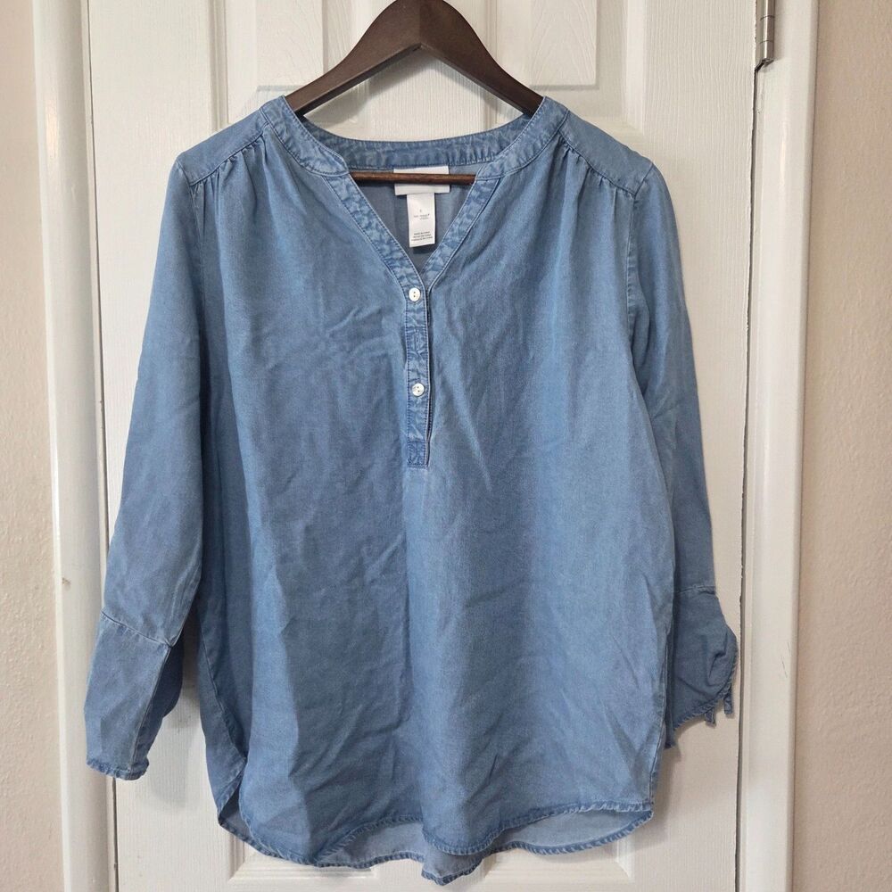 Alfred Dunner Tencel Chambray Top S Blue Peasant Blouse Tie Sleeve Denim Look